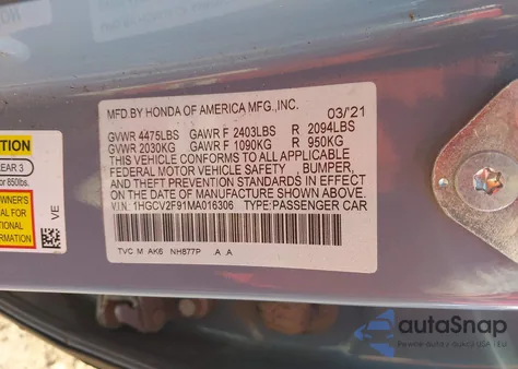 2021 Honda Accord Touring z USA, uszkodzony, nr VIN 1HGCV2F91MA016306